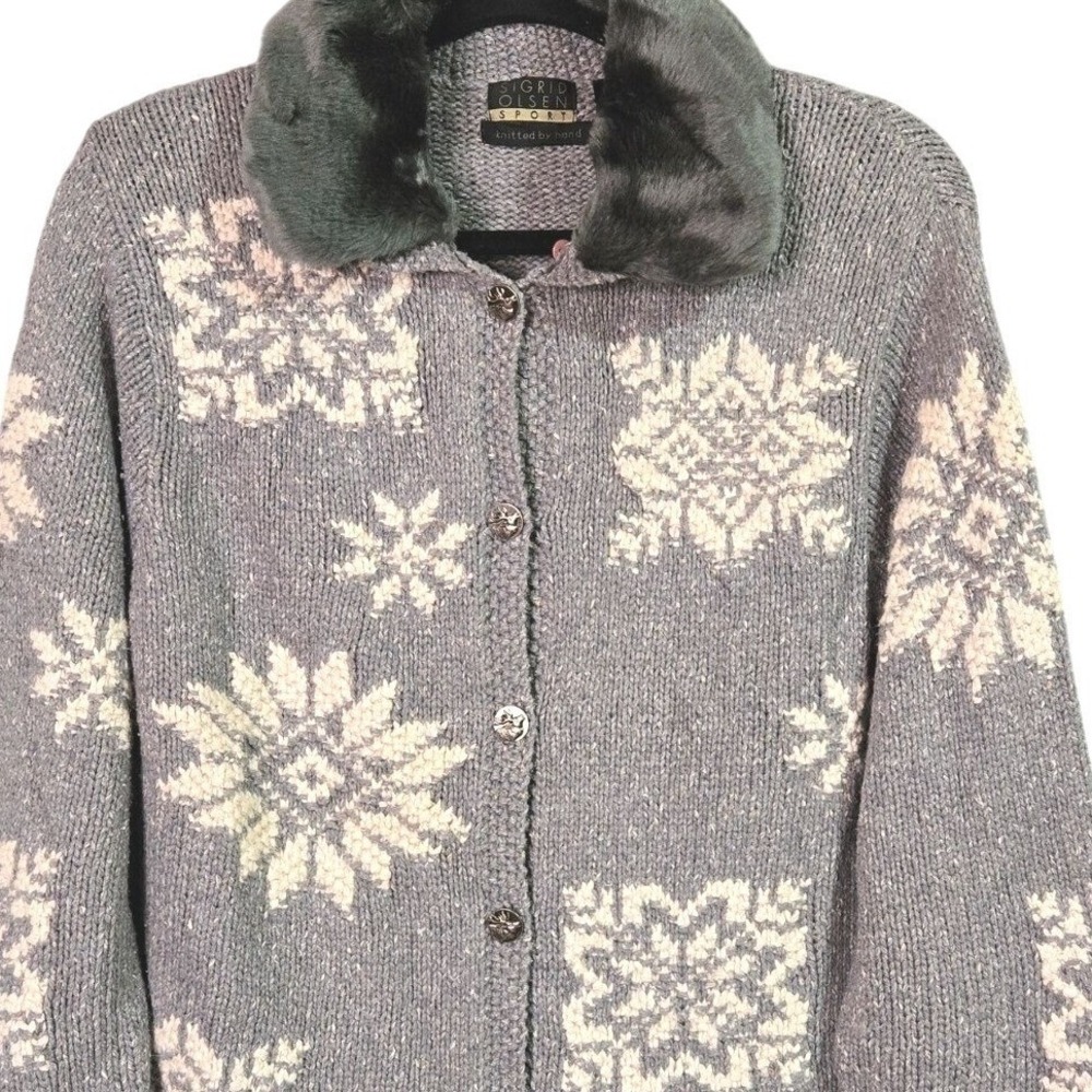 Sigrid Olsen Sweater Cardigan‎ Womens PM Blue Grey Snowflake Handknit Vintage